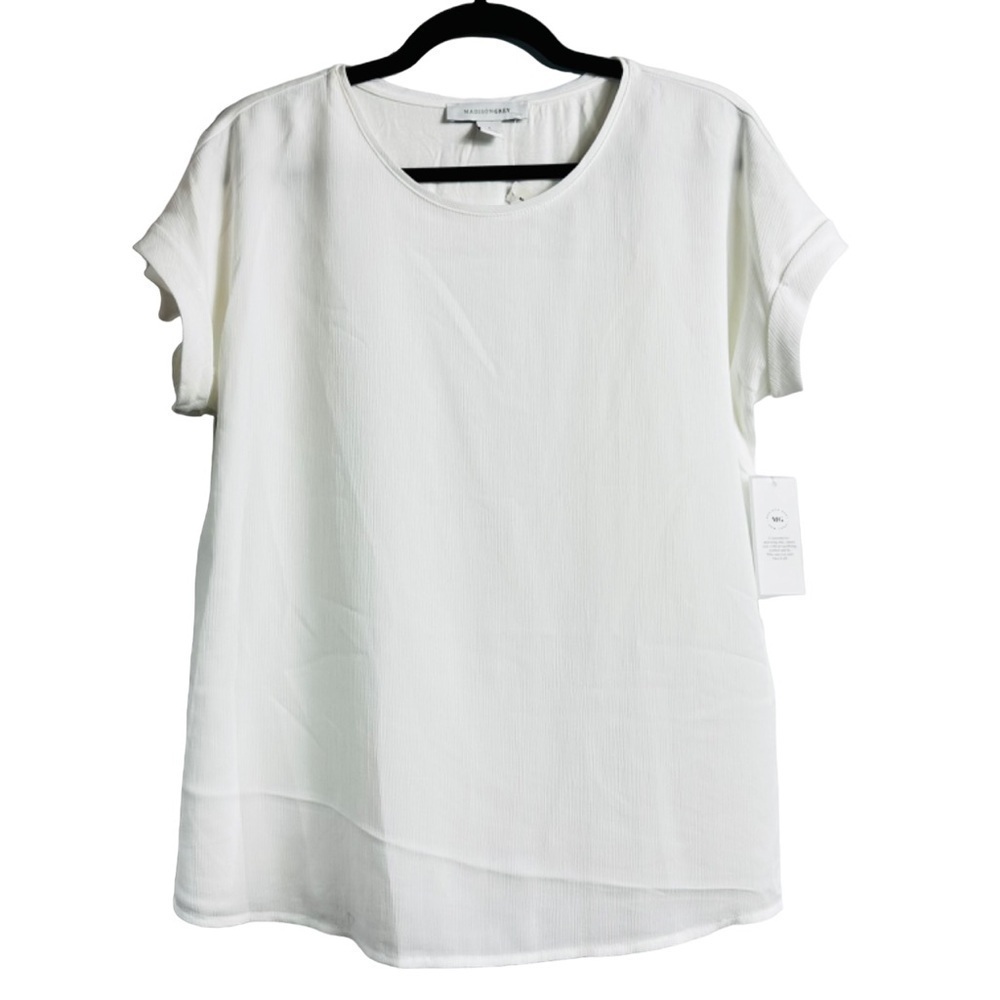 NWT Madison Grey Women’s Sz Large White Short Roll Tab Sleeve Round Neck Blouse